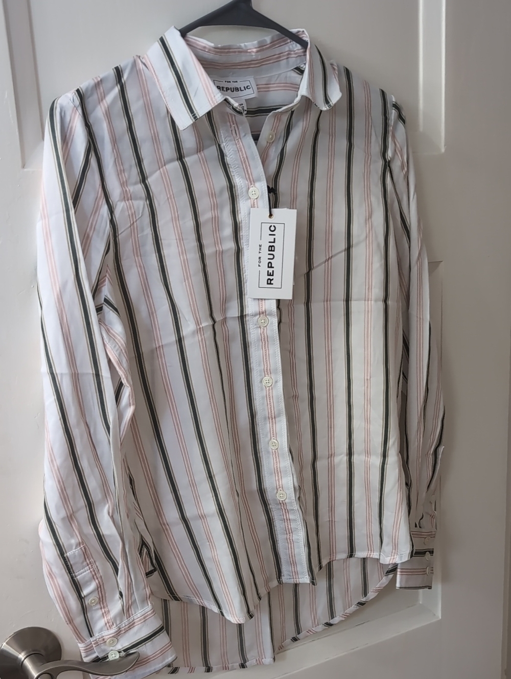 For The Republic White Button-Up Blouse with Pink & Black Stripes
